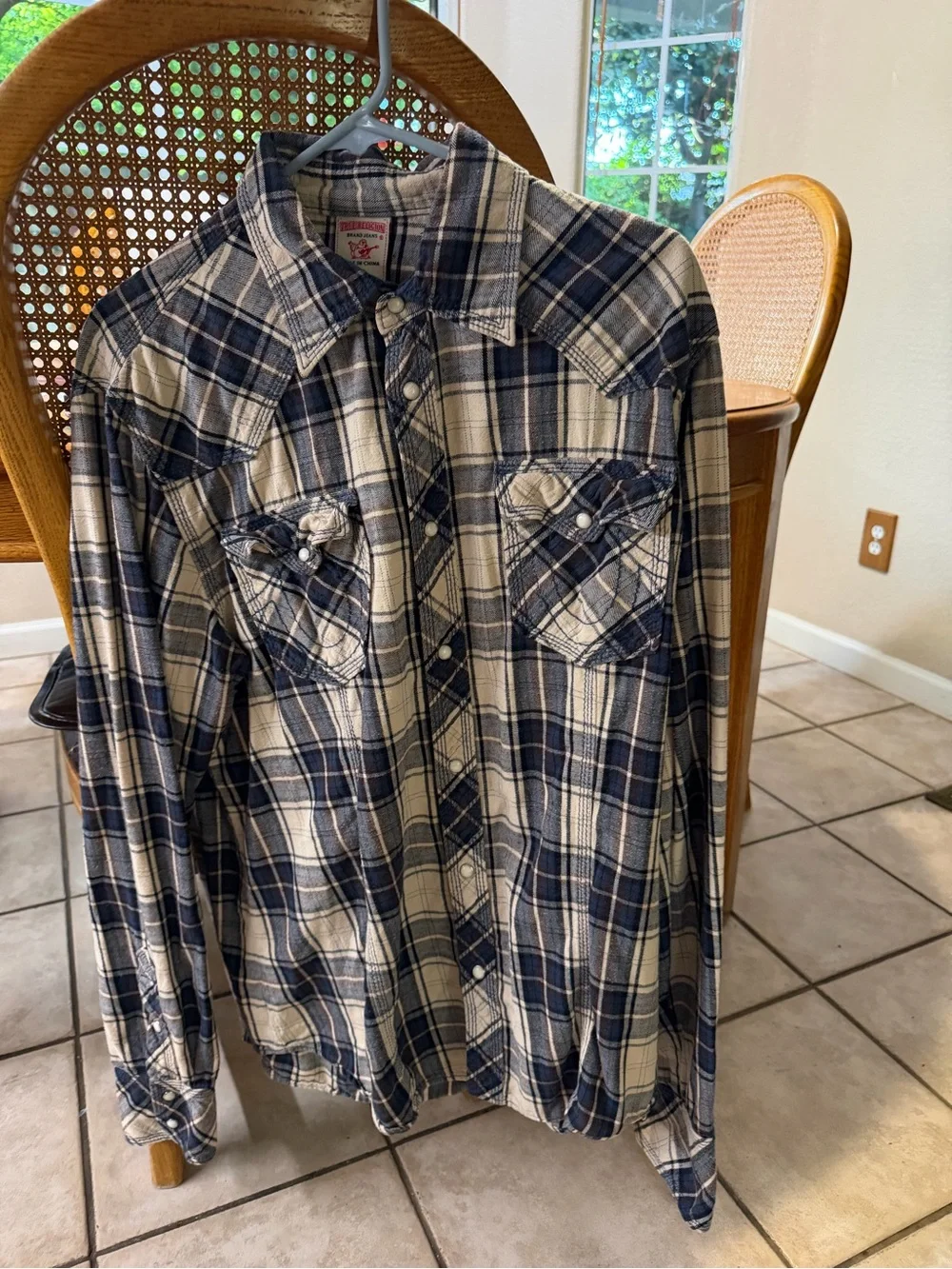 True Religion Navy and White Plaid Western Shirt